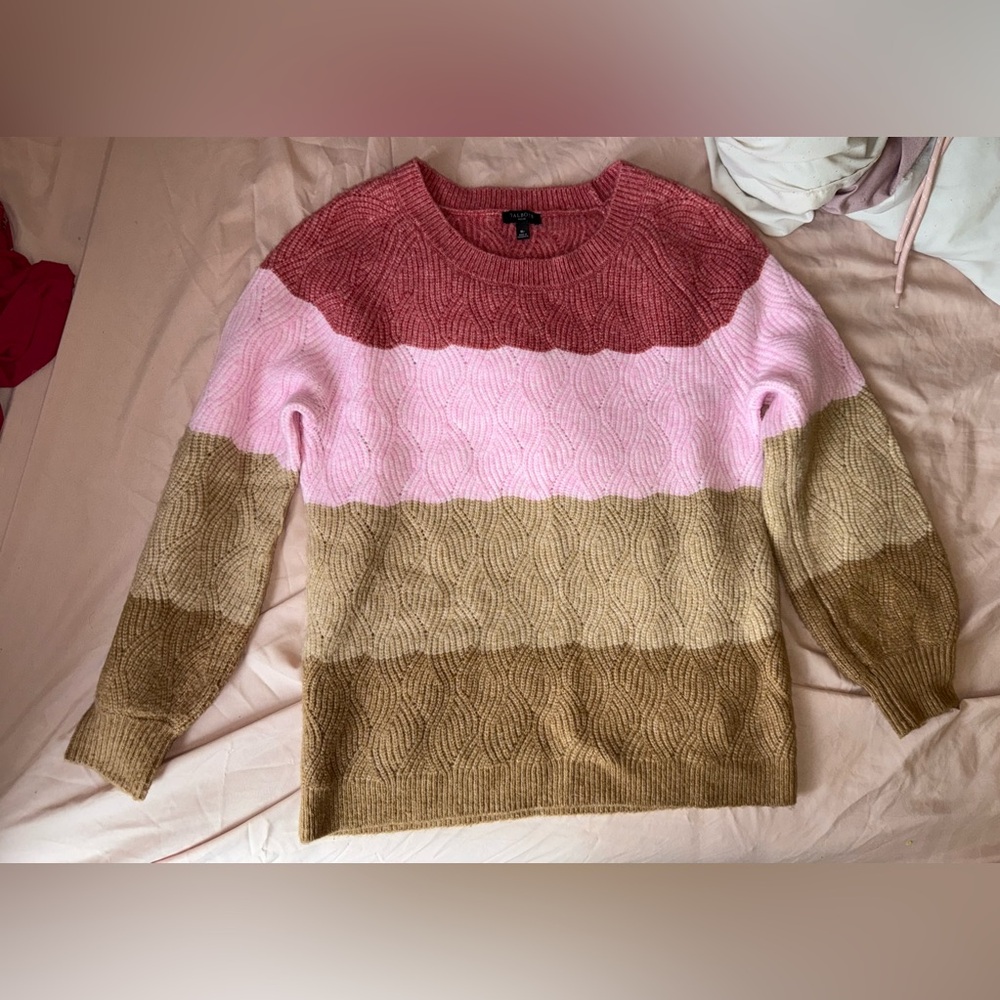 Talbots Striped Wave-Knit Crewneck Sweater - Rose, Pink & Camel